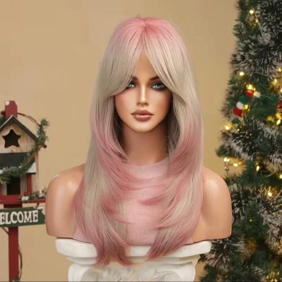 Human hair blend gradient pink layered wig. Pink Lace Front Wig Human Hair 13x4 Pink Wig Human Hair Pink  main image 4